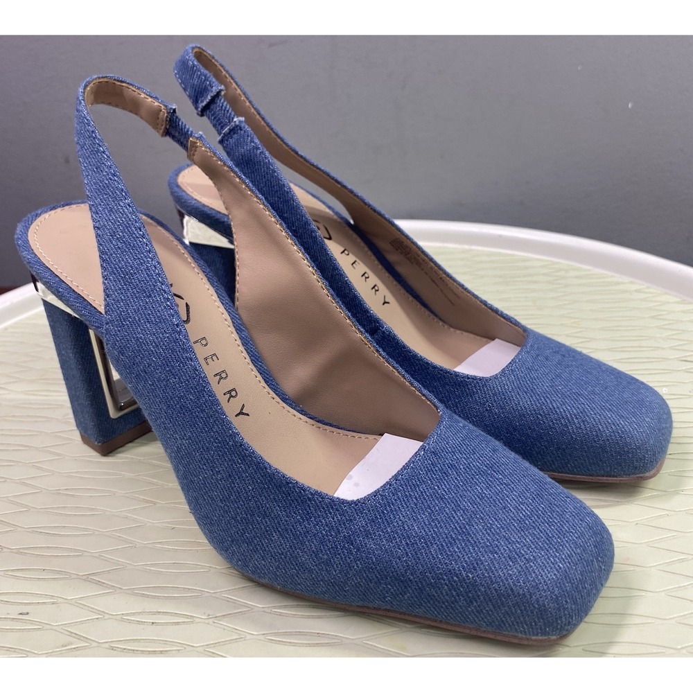 Katy Perry Women Denim Blue Dress Shoes Sling Back Silver Hollow Heel 5.5 M